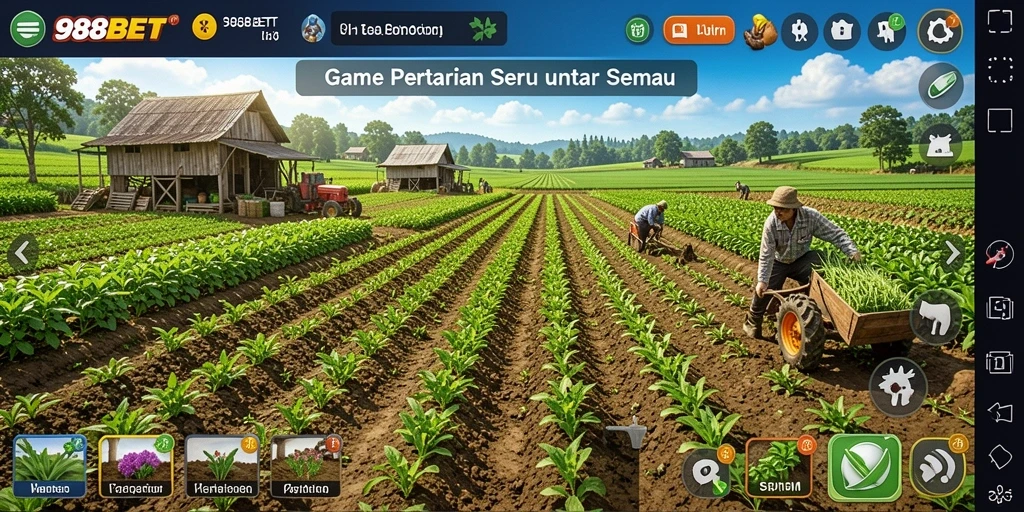 Screenshot gameplay 988BET menampilkan ladang yang subur dan aktivitas bertani.