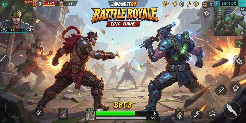 Gameplay seru Battle Royale dalam JAWABET88 dengan pertempuran epik.