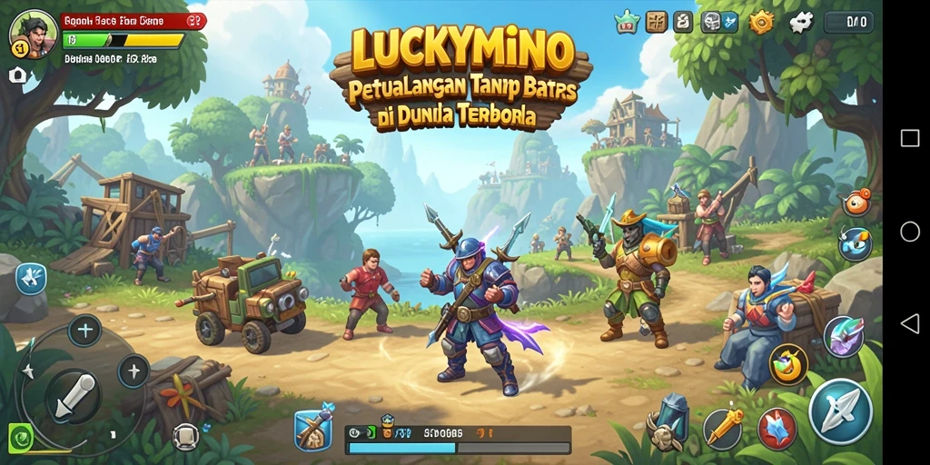 Tangkapan layar LUCKYMINO menampilkan aksi eksplorasi di dunia terbuka yang luas.