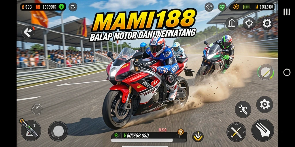 Screenshot MAMI188 menunjukkan aksi balapan motor yang intens.