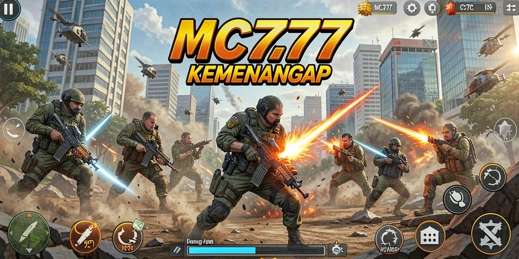 Tampilan gameplay MC777 yang dinamis dan seru dalam pertempuran FPS.