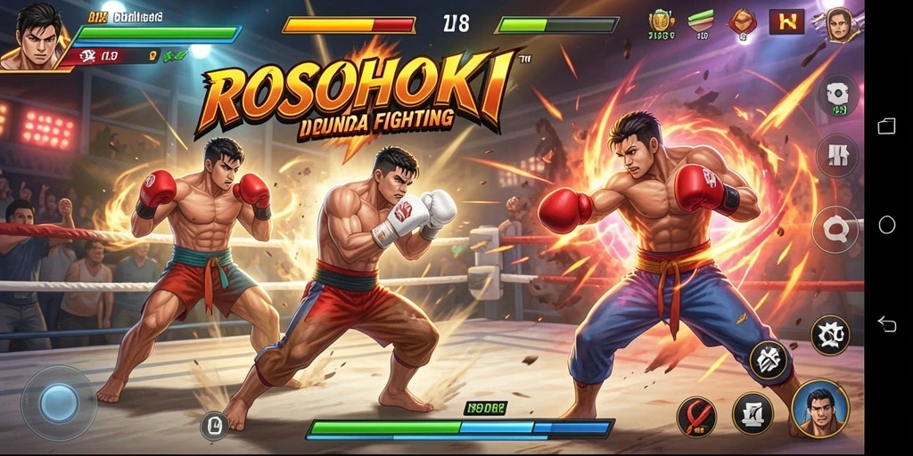 Tampilan gameplay <strong>ROSOHOKI</strong> menunjukkan pertarungan intens dengan karakter yang berbeda.