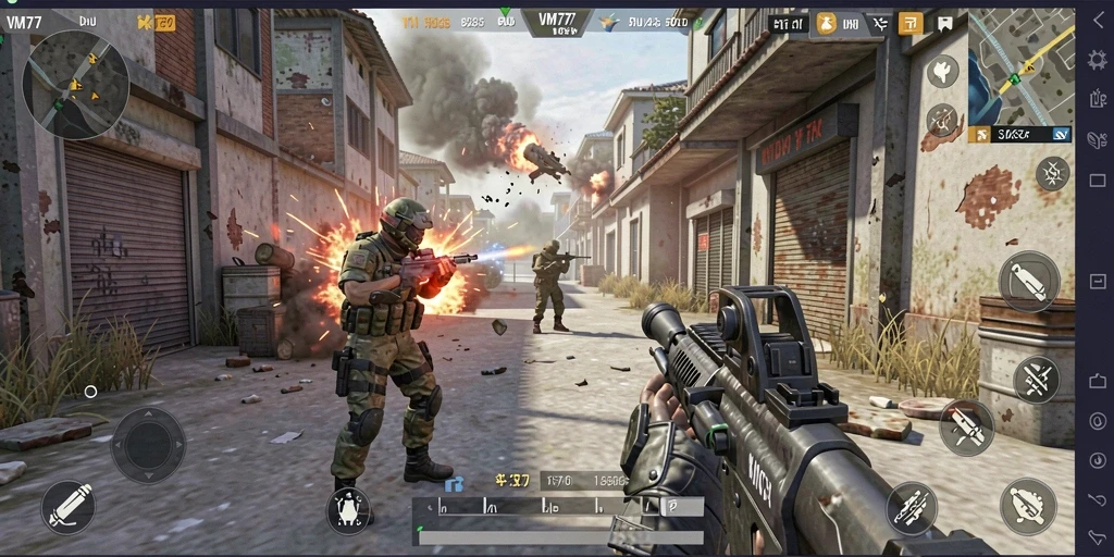 Screenshot menunjukkan sesi pertempuran intens dalam game FPS.